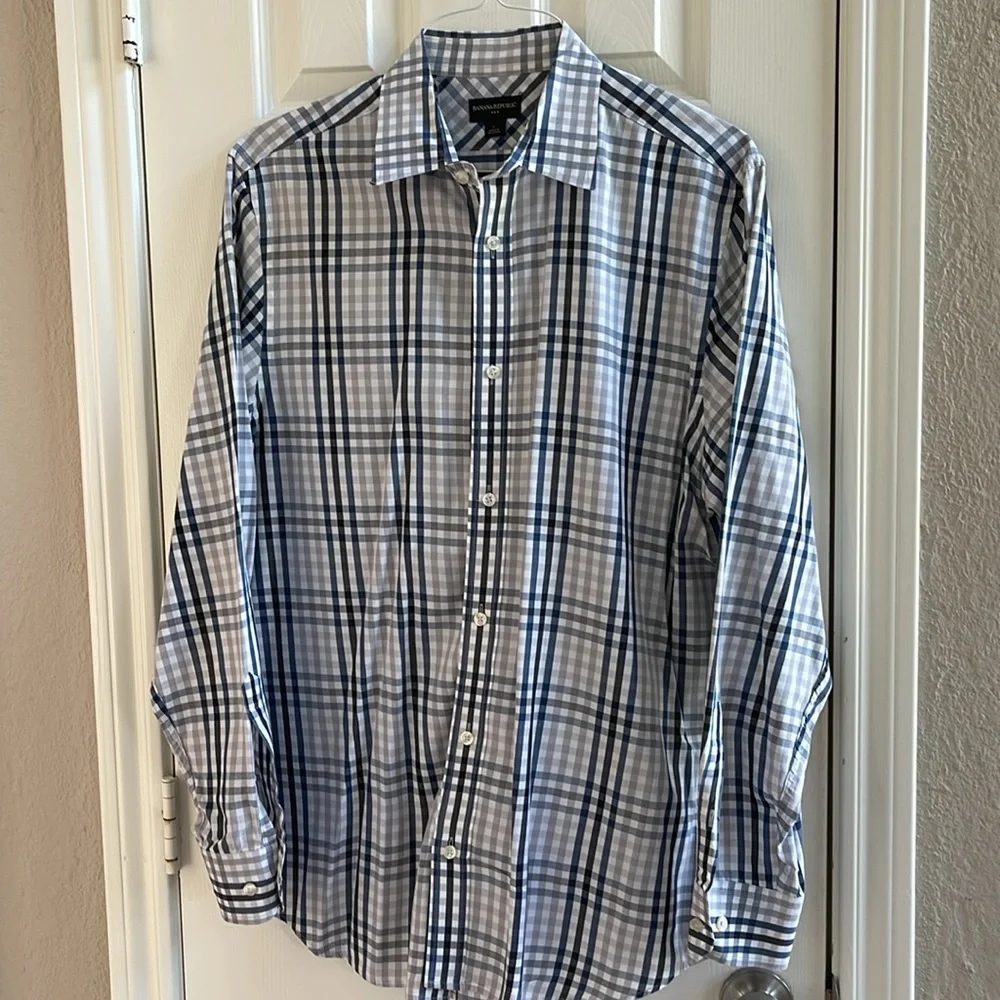 Banana Republic Men's Blue Plaid Shirt Cotton Classic Fit Button Front Size L